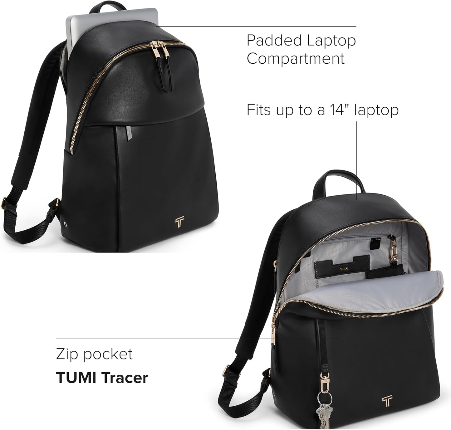 TUMI - Voyageur Holland Backpack - Women's Leather Travel Bag - Fits Up to 14" Laptop - Black with Gold Hardware