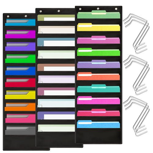 3 Pack 10 Pocket Organization Pocket Chart File Organizer File Storage Pocket Wall File Organizer Folder Chart Organizer Hanging Wall File Paper Folder with 9 PCS Hooks for School Home Office