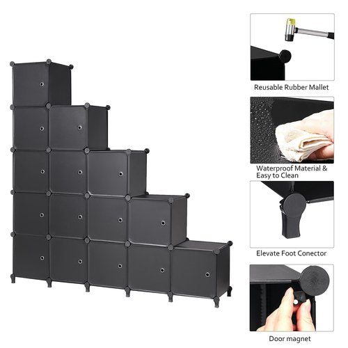 ANWBROAD Cube Storage Organizer, 16-Cube Modular DIY Book Shelf with Doors, Closet Clothes Organizer, Plastic Storage Cubbies Cabinet for Living Room Bedroom Office Black ULCS16BM