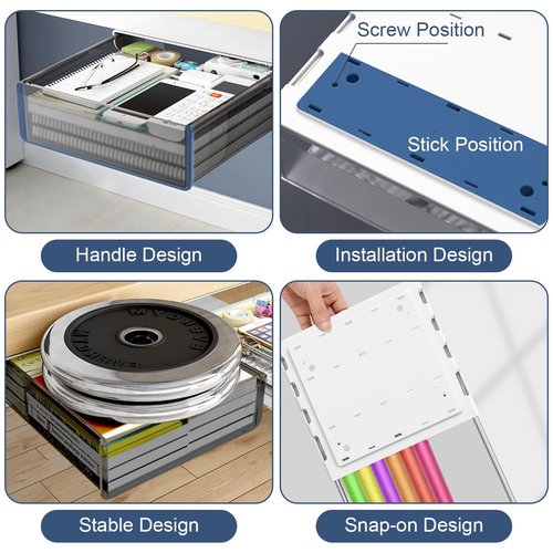 2 Pack Hidden Attachable Drawer Under Desk, Slide Out Small Under Desk Drawer, Self-Adhesive Desks Storage Tray Drawers, for Office, Home, Kitchen, Dressing Table (2 Sizes, Black)