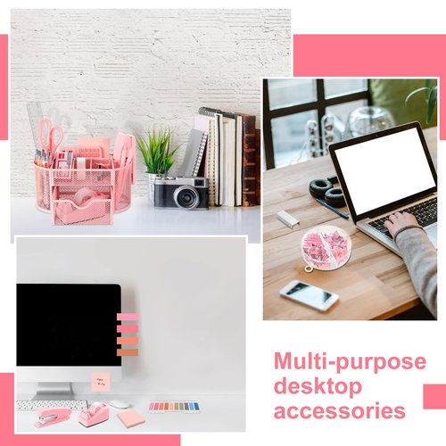 VAIPI 17 in 1 Pink Office Supplies Set Desk Organizers and Accessories with Mouse Pad, Calculator, Stapler, Tape Dispenser, Staples, Scissors, Pens, Sticky Notes, Page Markers for Office School Home