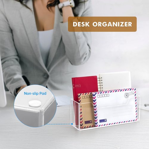 BEYGORM Acrylic Mail Organizer Wall Mounted, Hanging Letter Holder with 2 Slots for #10 Envelopes, Desk Organizer Basket for Table Home Office