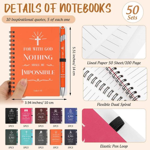 Gueevin Christian Notebook and Pen Set Includes Bible Verse Notepads Metal Pens Black Ink, Christian Quotes Notebook and Ballpoint Pen Bulk Christmas Religious Gift for Women Men (100)
