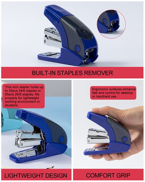 PAPERPAL Effortless Mini Stapler Set, 20 Sheet Capacity, Integrated Remover & Staple Storage, Holds 1/4" Staples, Includes 1000 Staples, Lightweight, Office, School & Daily Use, Dark Blue