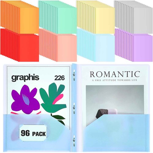 Lyrow 96 Pack Plastic Folders with Pockets and Prongs with Fasteners 8 Colors 3 Prong Bulk Folders for Business Office School Supplies