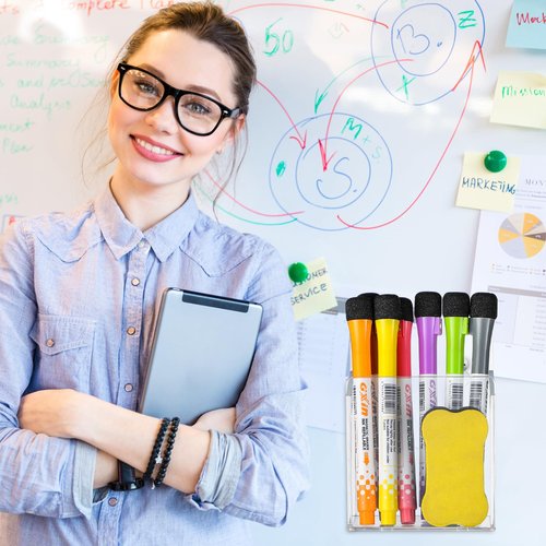 Chivertion Acrylic Wall Mounted Marker Holder Acrylic Pen Holder Adhesive Glass Whiteboard Dry Erase Marker Organizer with Tapes Hanging Holes for Whiteboard Fridge Locker
