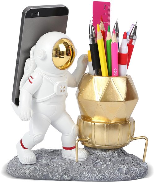 UREYMX Astronaut Pen Pencil Holder with Phone Stand Resin Spaceman Pencil Holder Desk Pen Holder Organizer Decorative Accessories Suitable Office Classroom Home Creative Gifts for Adults and Kids