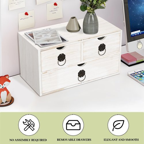 SeekElegant Wood Desk Organizer with Drawer, White Wooden Desktop Organizer, Tabletop Storage Organization Box for Countertop, Home Office Supplies (3 Drawer)