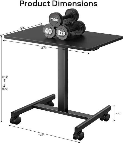CROWNFURN Adjustable Height Mobile Rolling Desk - Portable Laptop Workstation on Wheels | Black