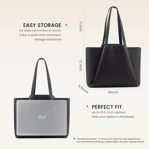 LOVEVOOK Laptop Tote for Women - 15.6 Inch Faux Leather Laptop Bag with Clutch, Large Capacity Office Purse Computer Briefcase for Casual Business Travel, Black