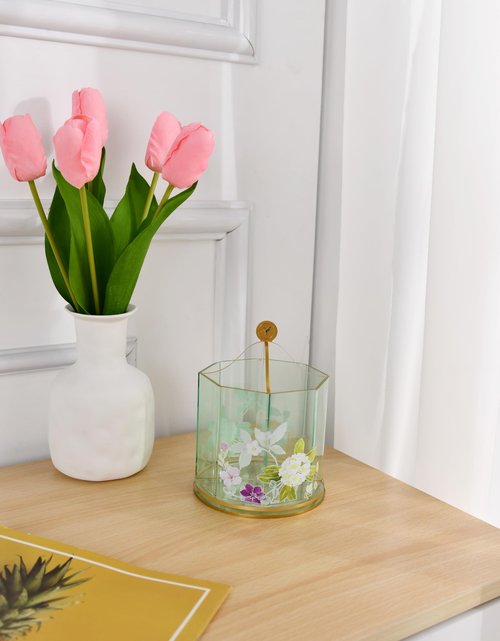 Papyrus Acrylic Pen Holder for Desk – Green Aqua Spinner Organizer with Double Sided Floral Prints – Small Desktop Stationary Organizer for Pens, Pencils, Markers, and More – Office Supplies
