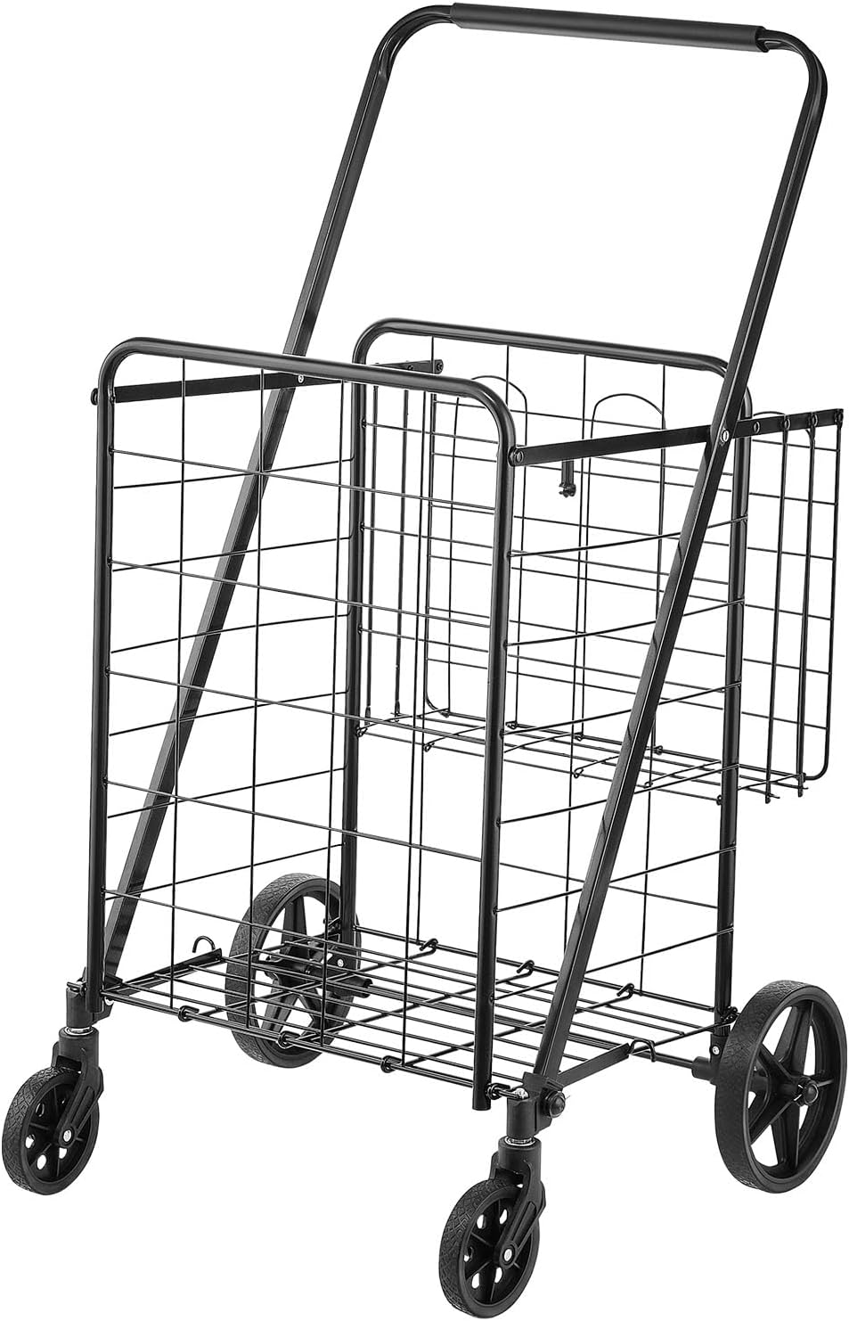 VEVOR Jumbo Grocery Cart - Heavy Duty Folding Shopping Cart with Double Baskets & 360° Swivel Wheels | 110 LBS Capacity, Black