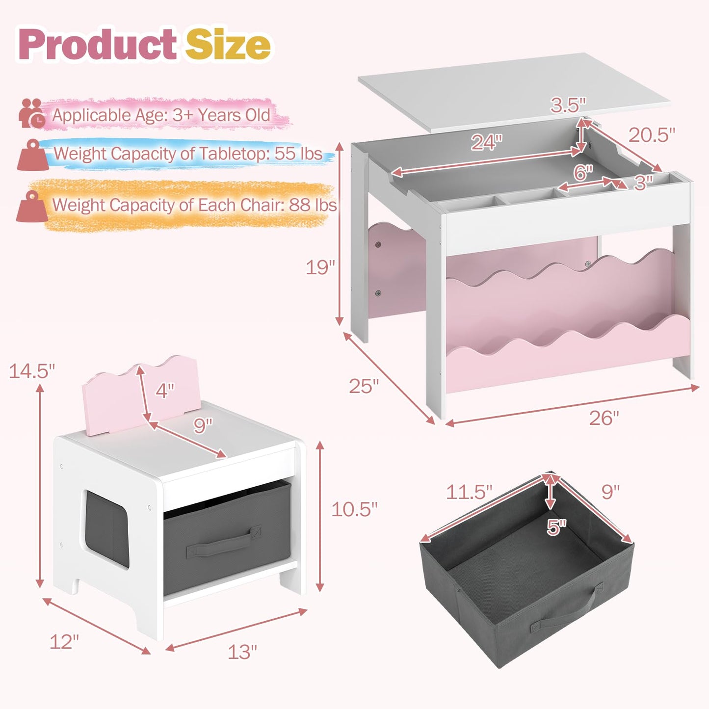 Costzon Kids Table and Chairs, Wooden 4-in-1 Activity Desk Set w/Double-Sided Tabletop, Chalkboard, Bookshelves, Small Compartments & Fabric Drawers, Children Furniture Set for Art & Crafts (Pink)