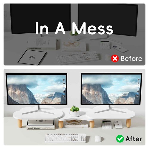 AFOOYO Dual Monitor Stand Riser,Rainbow Cloud Desktop Computer Stand for 2 Monitors,Adjustable Length and Angle Multifunctional Desktop Organizer Stand for Laptop, PC, Computer, Printer,White