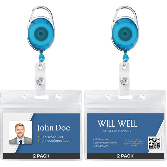 2 Pack Id Badge Holder with Clip, Transparent Light Blue Reels with Id Sleeves Set, Clear Id Card Holder Retractable, Horizontal Lanyard ID Holder with Badge Reel, Badge Holders with 24" Pull Cord