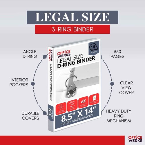 Performore - Office Werks Heavy Duty 2-Pack Legal Size View Binder - 14" x 8.5", White, 1.5 Inch D-Ring, Back Mount Binder