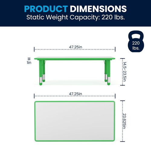 Flash Furniture Wren 23.625''W x 47.25''L Rectangular Green Plastic Height Adjustable Activity Table with Grey Top