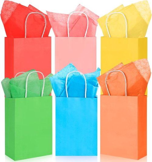LovesTown Gift Bags - 18 Pack with Tissue Paper | 5.5 x 2.75 x 7.8 Inches | Colorful Party Favor Bags for Birthdays & Weddings