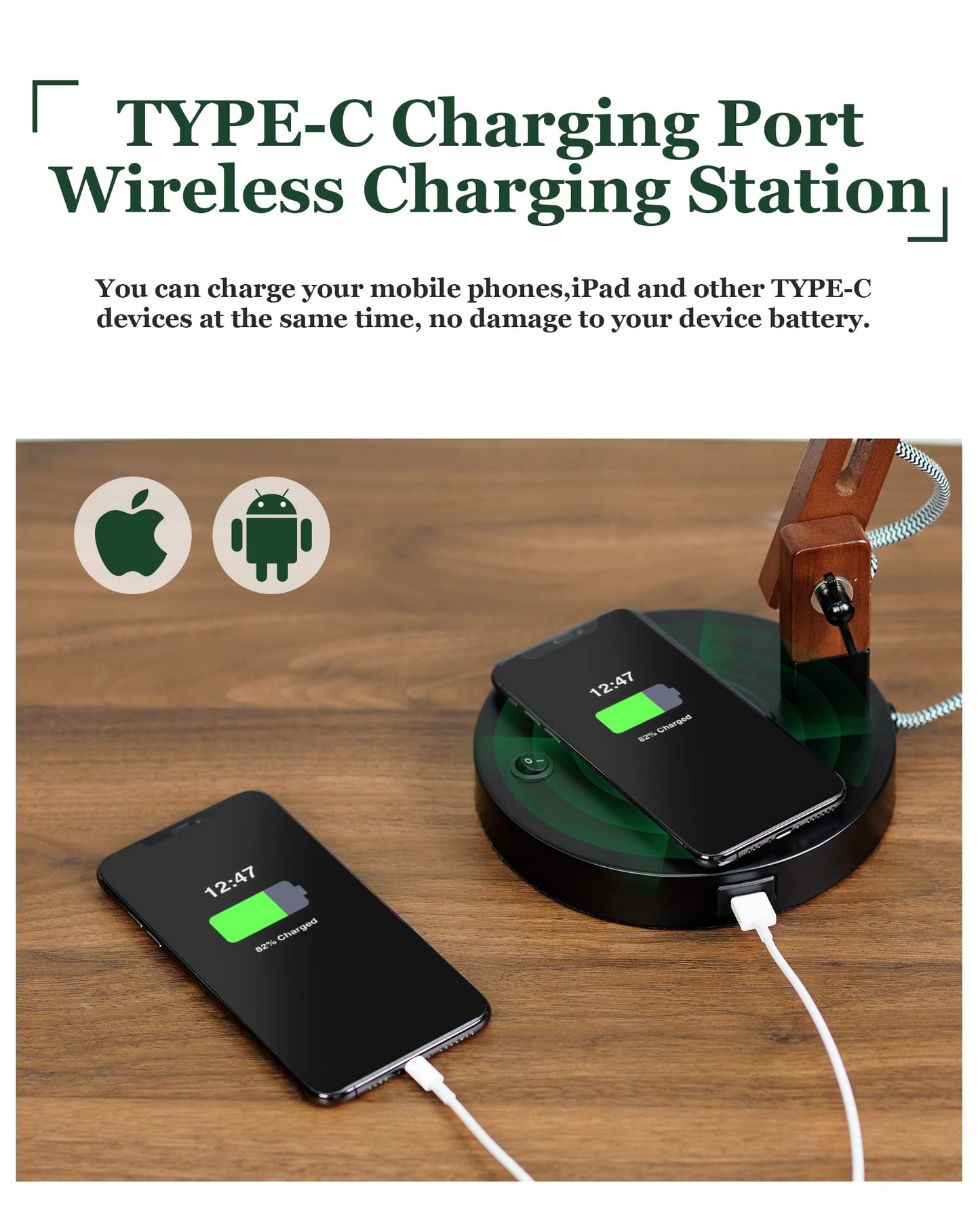 ELYONA Modern Sapele Wood Desk Lamp with Upgraded Wireless Charger & USB C Charging Port Swing Arm Table Lamp Bedside Reading Task Light for Dorm Office Bedroom Living Room LED Bulb Included Black