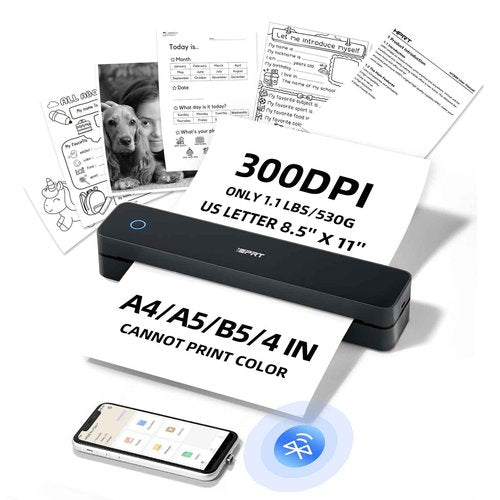 iDPRT Portable-Printer Wireless for Travel,300DPI Inkless Thermal Small Printers for Home Use,Office,Vehicles,Mobile Bluetooth Printer Supports 8.5" x 11" US Letter,for Smartphone & PC,Black