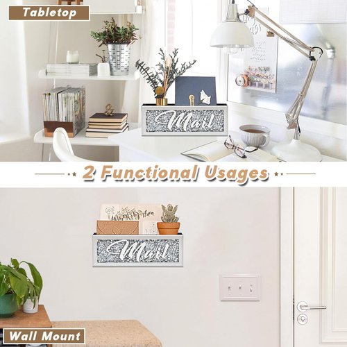 WALTSOM Crushed Diamond Mail Organizer, Crystal Mail Organizer Countertop, Mirror Letter Holder, Mail Tray, Mail Holder Box for Desk, Mail Holder for Wall