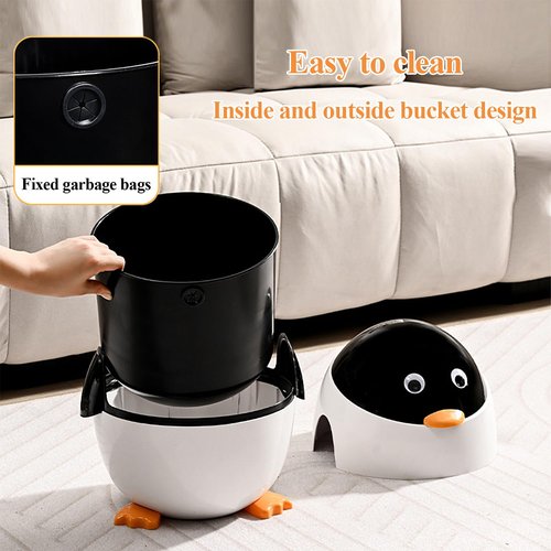 Aiabaleaft Cartoon Penguin Plastic Trash Can with Lid Bedroom Large Capacity Wastebasket Storage Container for Home Kitchen Dressing Office Kids Bedroom (Blue, 13.7 * 12.2 * 11.02in)