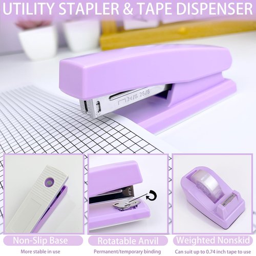 Purple Desk Accessories, Office Supplies Set with Stapler, Staple Remover, Pen Holder, Ballpoint pens, Hole Puncher, Tape Dispenser, Scissor, Ruler, Binder/Paper, Clips, for Home School Office