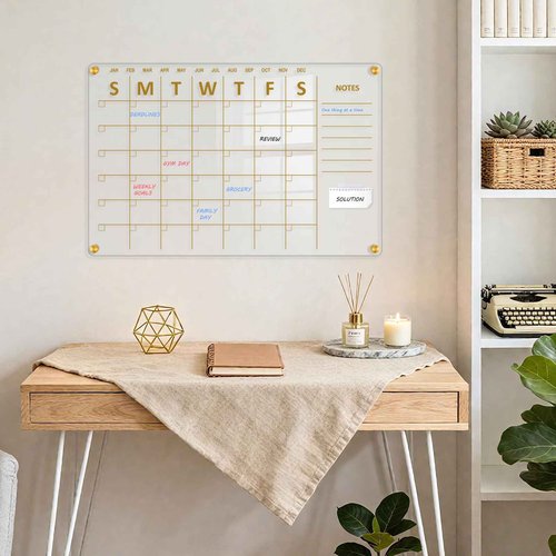 QUEENLINK Acrylic Calendar for Wall, 24"x16" Gold Dry Erase Board Weekly Planner Wall Mounted Board, Frameless White Board for Home, Office, School