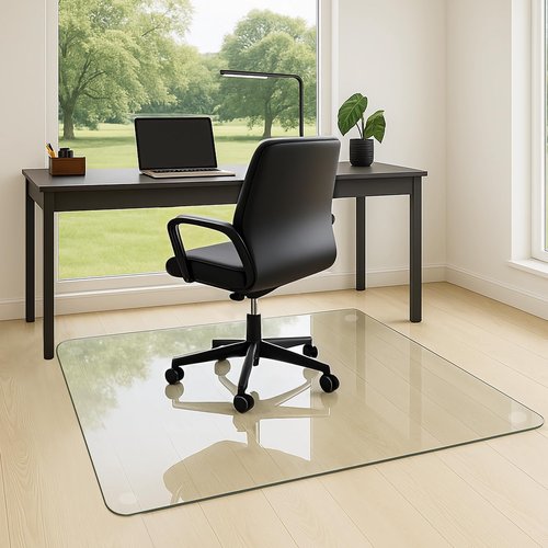 Yuzeyurun Tempered Glass Chair Mat, 55" x 46" Glass Office Chair Mat, 1/5" Thick Clear Floor Mat with Anti-Slip Pads, Heavy Duty Glass Mat for Carpeted and Hard Floor
