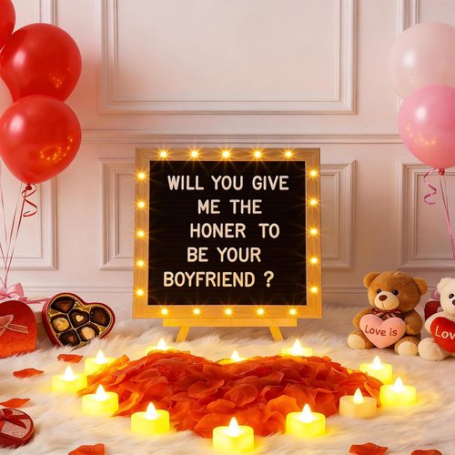 Ceenna Romantic LED Candle Sign - "Will You Be My Girlfriend" with Rose Petals | 10x10 Inch DIY Felt Board for Valentine's Day Decor