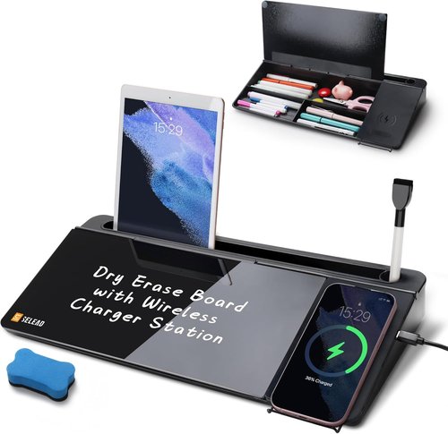 SELEAD Desktop Glass Whiteboard - Wireless Charger & Organizer for Home/Office | Black