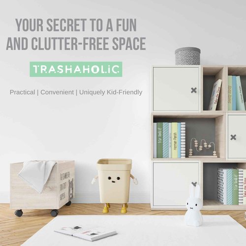 4.2-Gallon Cute Kids Trash Can - Durable Waste Basket Perfect for Kids Rooms, Classrooms, Pediatric Clinics - Beige Square-Shaped Trash Bin w/Arms & Legs - Comes with Removable Trash Bag Holder