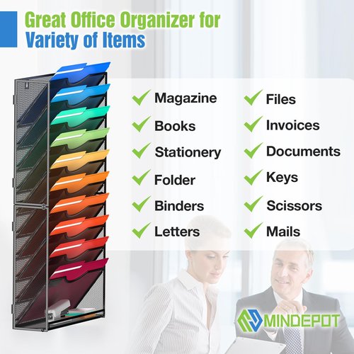 MINDEPOT 11 Tier Wall File Holder Hanging Wall Mount Paper File Organizer for Mails Folders Document Magazine Organization, for Office School Home, Black