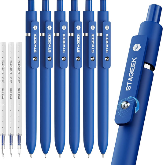 STAGEEK Blue Gel Pens - 6-Pack Quick Dry Fine Point Retractable Pens with 3 Extra Refills | Ideal for Journaling & Office Use