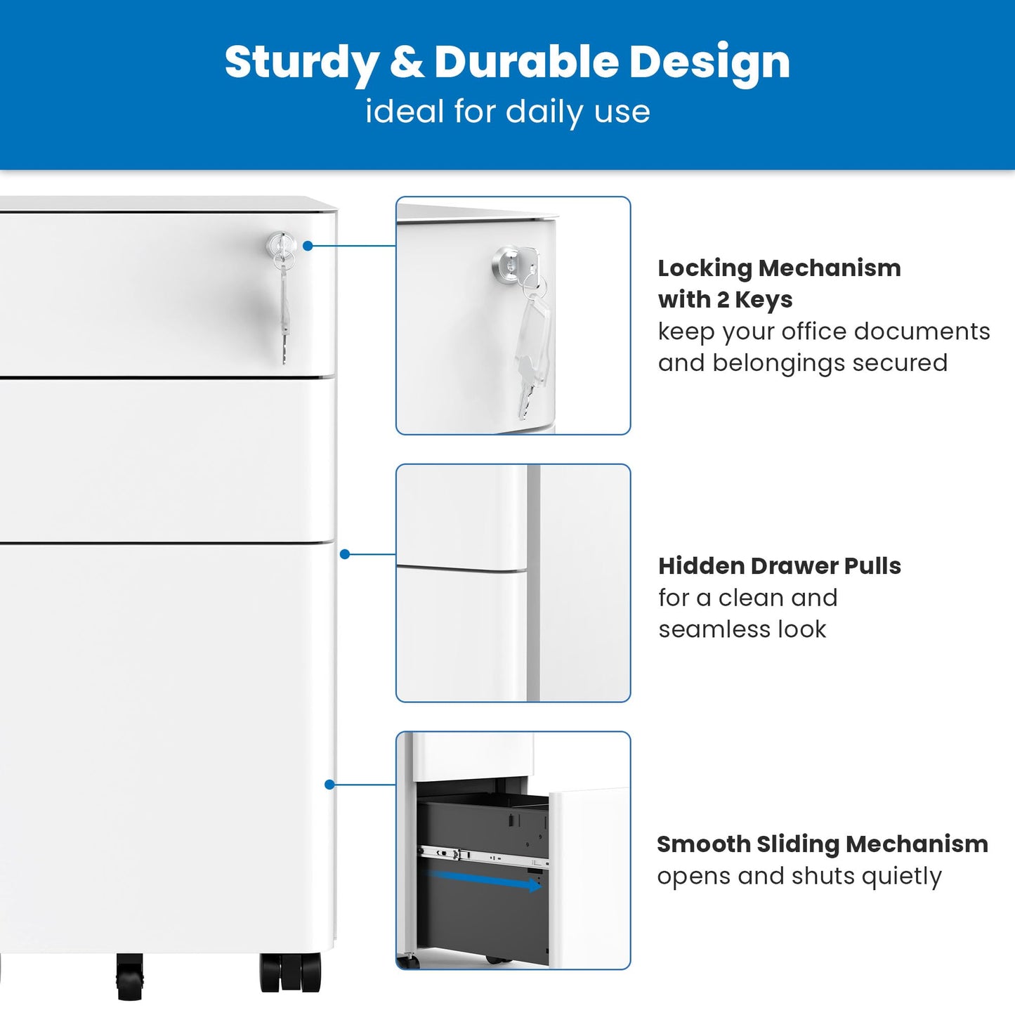 Mount-It! Slim 3 Drawer White File Cabinet with Lock, Mobile Metal Filing Cabinet on Wheels, Under Desk Storage Drawers for Home & Office, Letter Legal A4, White