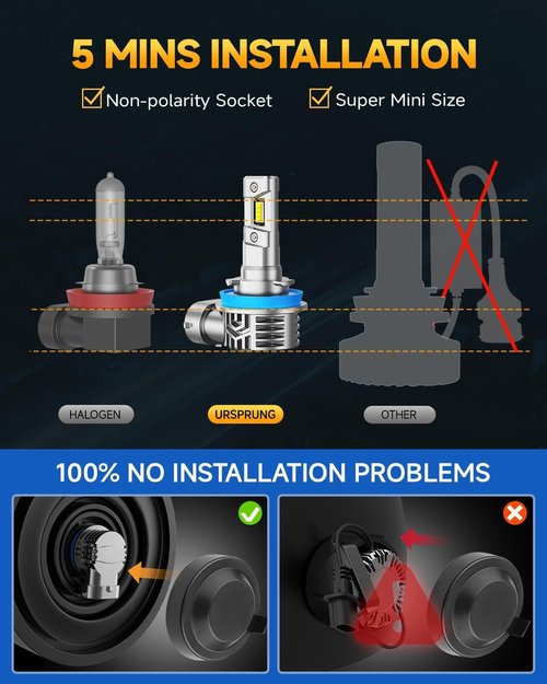 Ursprung H11/H8/H9 bulb, 33000LM 700% brightness; H11 bulbs life up to 60,000 hours, halogen fog lamp replacement bulb, 6500K cool white light, quick installation, plug and play, 2 packs