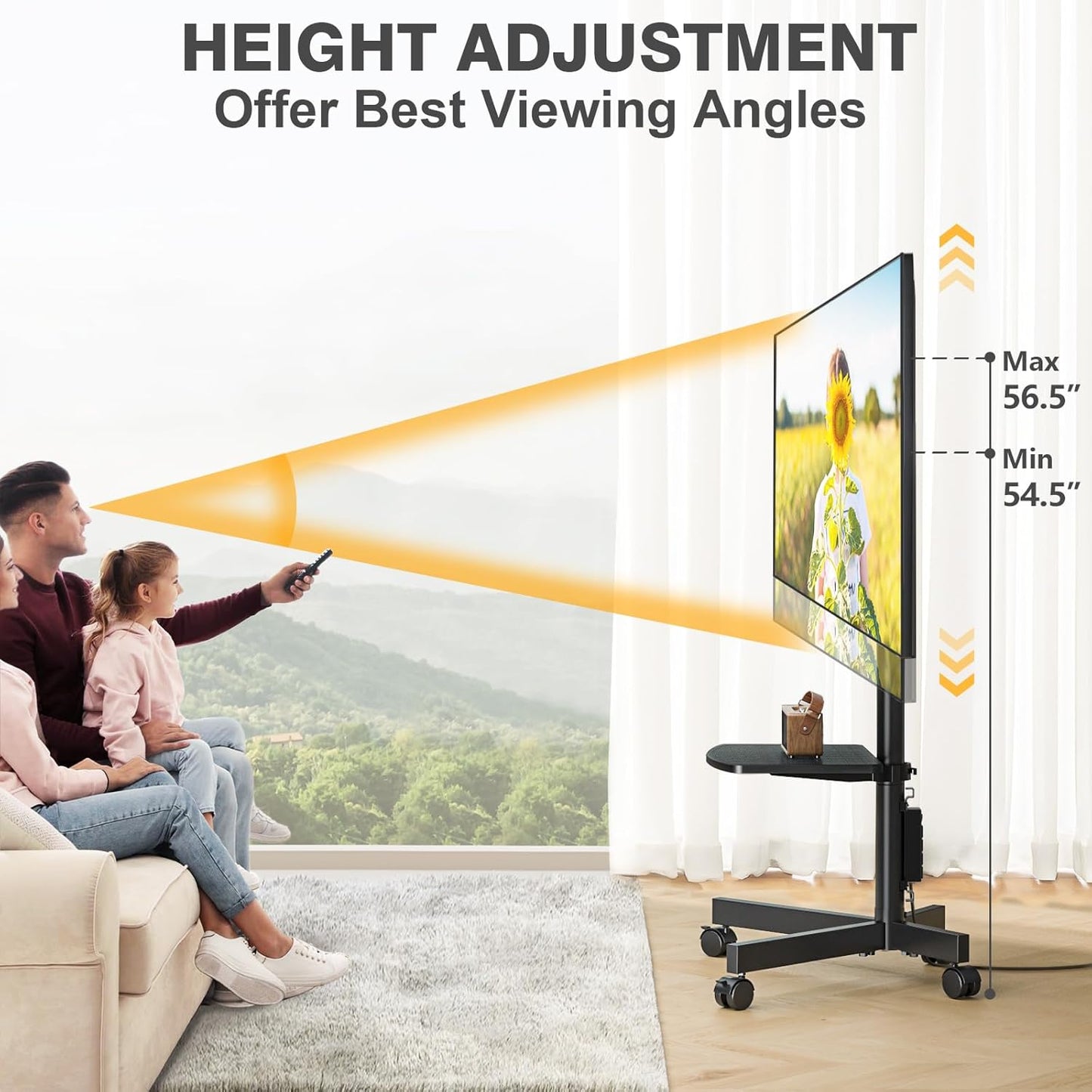 TVON Mobile TV Stand - Adjustable Rolling Cart with Power Outlet for 23-65 Inch TVs | Max VESA 400x400mm