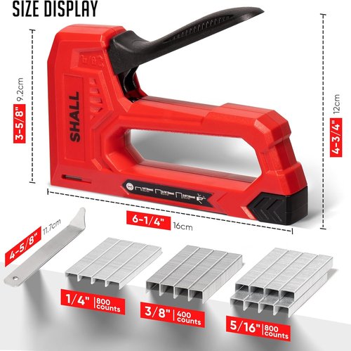 SHALL Light Duty Staple Gun - Red Upholstery Stapler with 1600 JT21 Staples & Remover | Ideal for Crafts & DIY