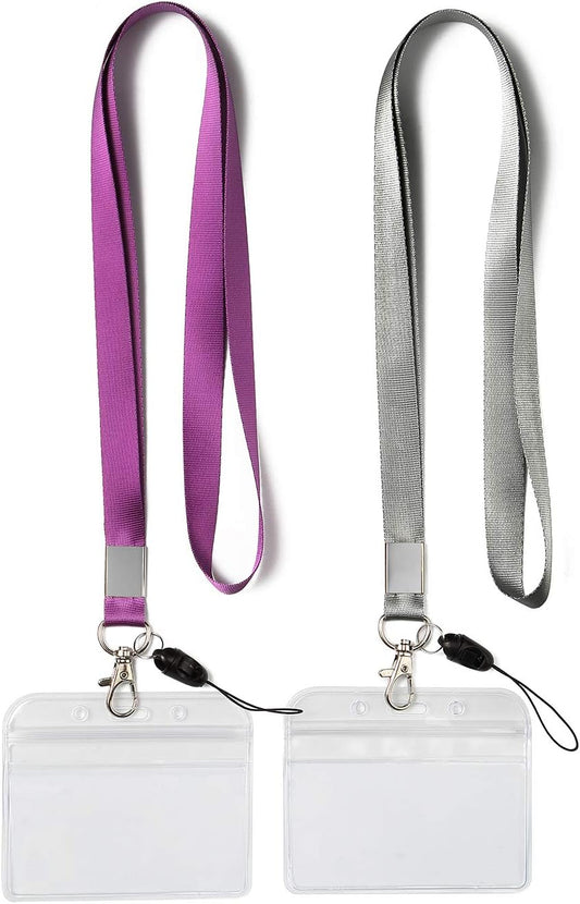 YOUOWO Horizontal Clear ID Badge Holders - 2 Pack with Heavy-Duty Neck Lanyards | Waterproof PVC, Purple & Grey
