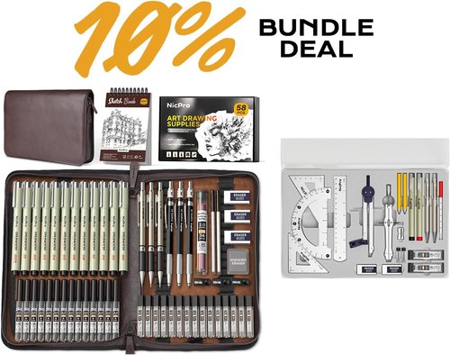Nicpro 20PCS Professional Geometry Set - Complete 58PCS Art Drawing Supplies Kit in Leather Case