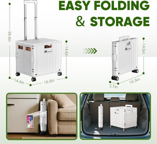 Folding Utility Cart - Portable Rolling Crate Handcart with Lid & 4 Wheels | Durable White Shopping Trolley