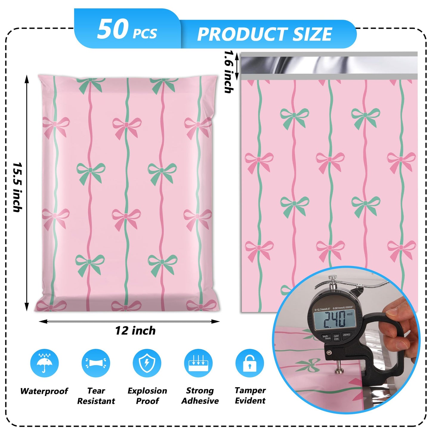 Jowlroel Poly Mailer 12x15.5 Inch 50 Pcs, Waterproof and Tear-Resistant Shipping Bags for Clothing, Cute Mailing Bags with Self-Seal, Bow Printed Packaging Bags for Small Business