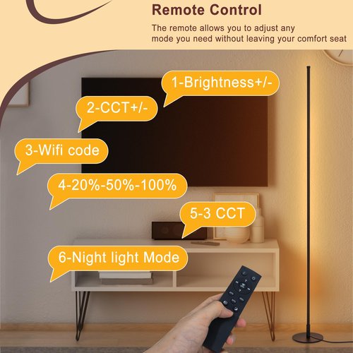 38°GARDEN Modern Floor Lamps for Living Room, 56" LED Black Corner Lights with Remote, Dimmable, Floor Standing Lamp for Bedroom Home Office