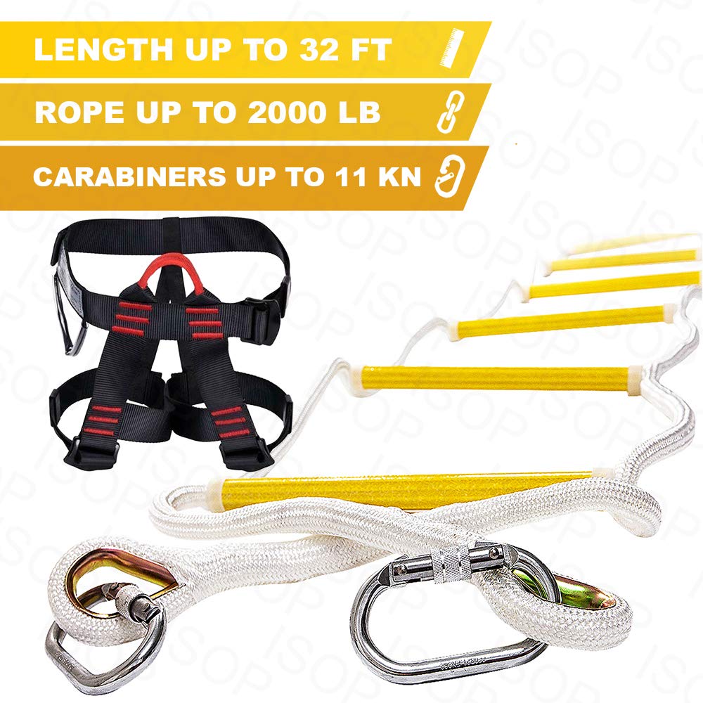 ISOP Fire Evacuation Rope Ladder 4 Story 32ft with Fall Arrest System & Spring Hooks - Rescue Ladders for 4-Story Homes - Fireproof & Weather Resistant - Life-Saving Escape Ladder 10m - Lifesaving
