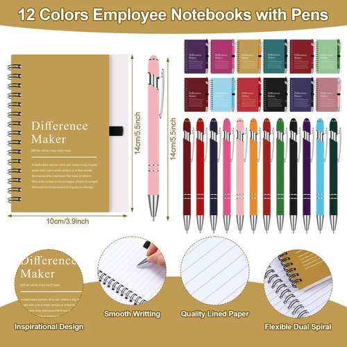 Fullhawl 24 Sets Difference Maker Gifts Employee Appreciation Gifts Bulk Inspirational A6 Spiral Notebook Motivational Journals with Pen for Women Men Coworker Team Staff Christmas(Vibrant Color)