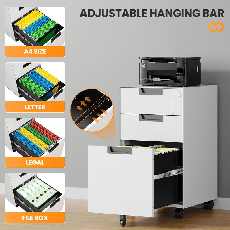 AFAIF 3 Drawer File Cabinet with Lock, Fully Assembled Metal Mobile Filing Cabinets for Home Office, Small Rolling File Caninet on Wheels for Legal/Letter / A4 File, White