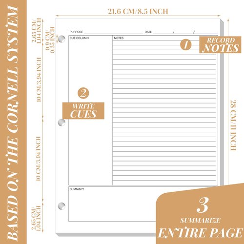Ctosree 200 Sheets Cornell Notes Loose Leaf Paper Notebook Taking System Filler Paper, 8.5 x 11 Inch, 3 Hole Punch, White, Double Sided for Office College Home