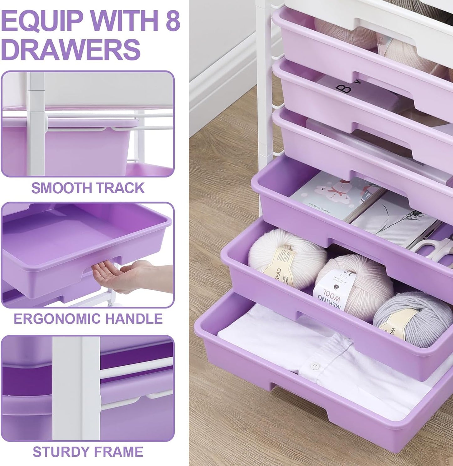 SYKIARIOL Rolling Utility Cart - 8 Drawer Storage with Wooden Tabletop for Home & Office | Purple