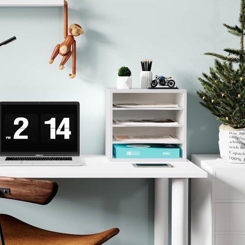 Senhoglb Wood Desk Organizers and Accessories, Mail Sorter File Holder, Desktop File Organizer With Adjustable Shelf, Document Holder for Office Home Classroom, 4 Compartments White