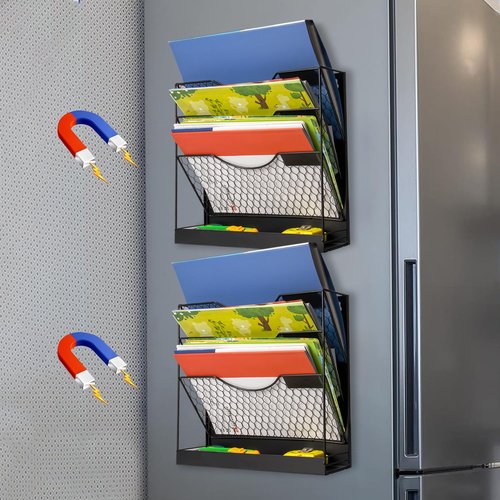 Magnetic File Holders, 4 Tier Magnetic Paper Holders for Office File Cabinet,Refrigerator, Whiteboard, No Drilling Installation Magnetic Mail Holder Basket Storage Folder Holder,2pack